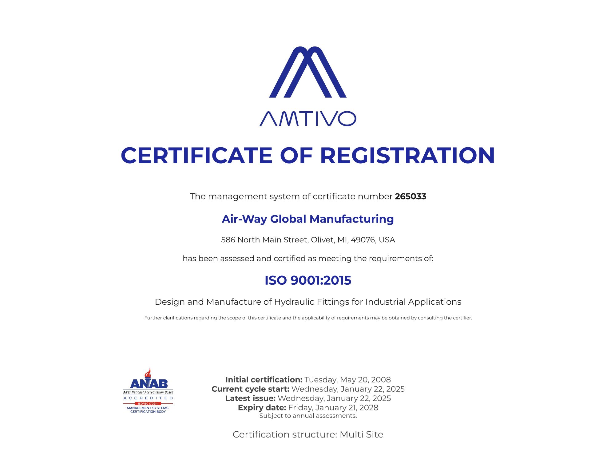 Air-Way Manufacturing Current ISO Certificate